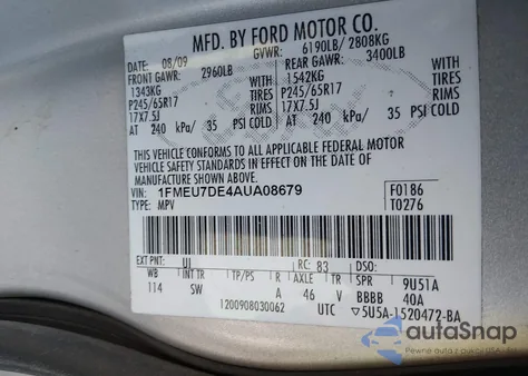 2010 Ford Explorer Xlt z USA, uszkodzony, nr VIN 1FMEU7DE4AUA08679